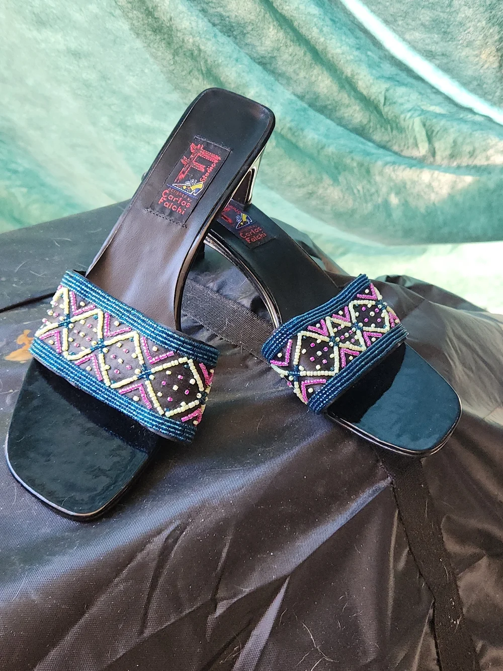 Carlos Falchi Black Beaded Slide Sandals with Blue Accent